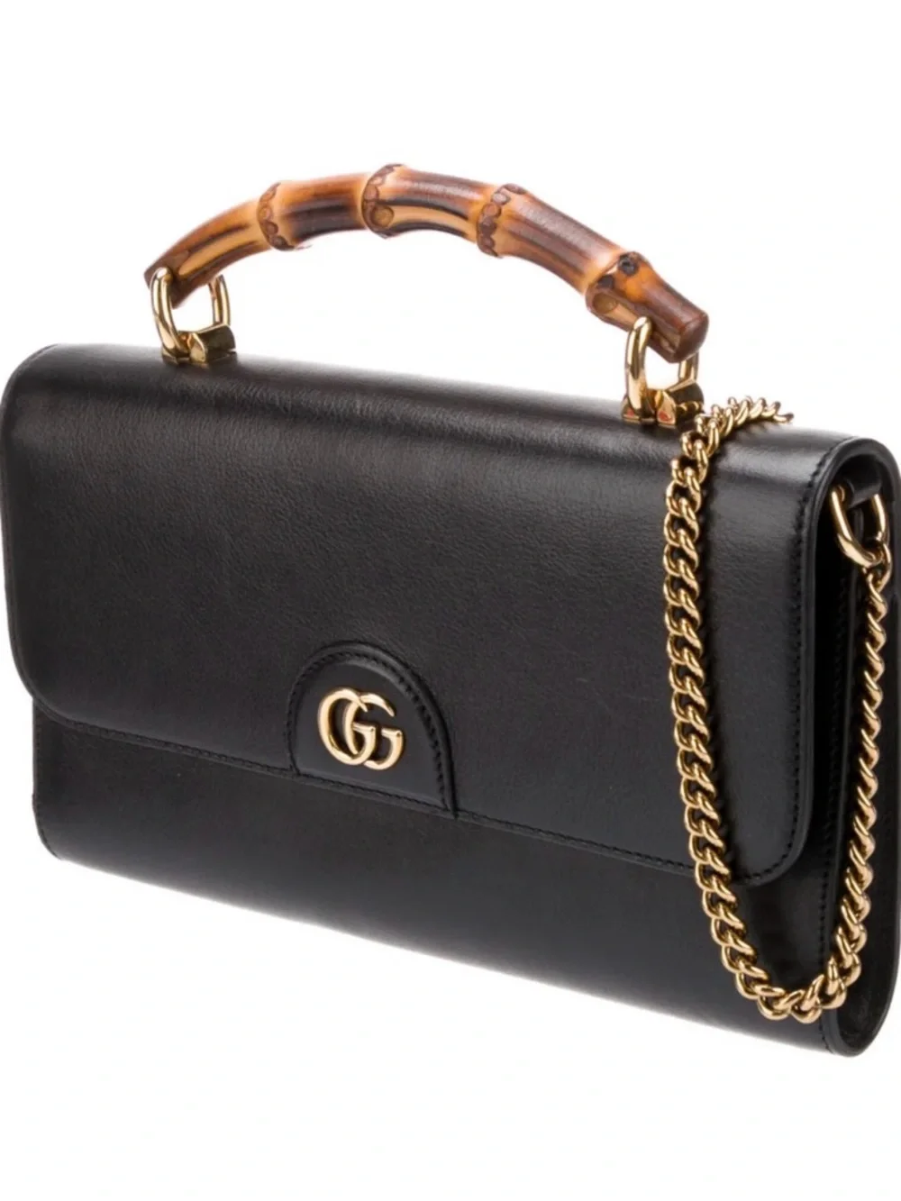 Gucci Black Leather Clutch with Bamboo Top Handle and Gold Chain - Picture 3 of 6